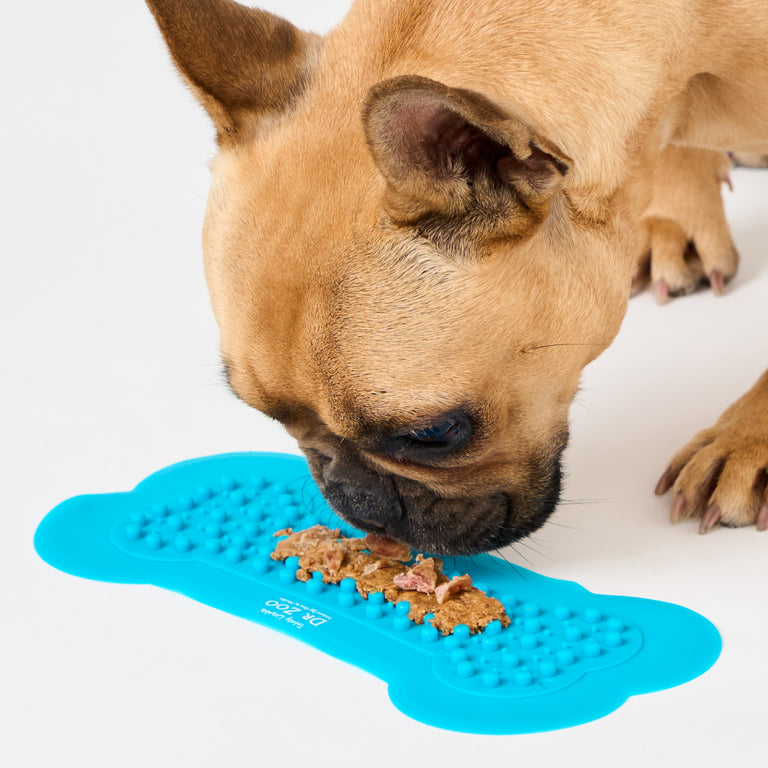 French Bulldog eating from Dr Zoo Lick & Stay Treat Mat on white background, fun alternative to feeding or distraction for bath or grooming time.