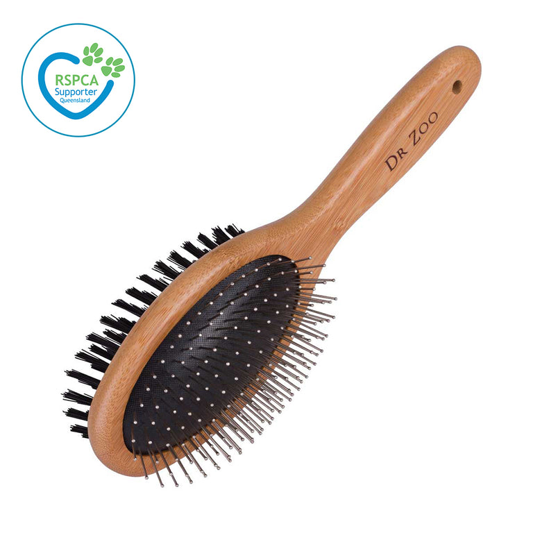 Dr Zoo Bamboo Double Sided Brush product photo, pet grooming tool with pin side for tangles and bristle side for shine, suitable for dogs, cats and horses