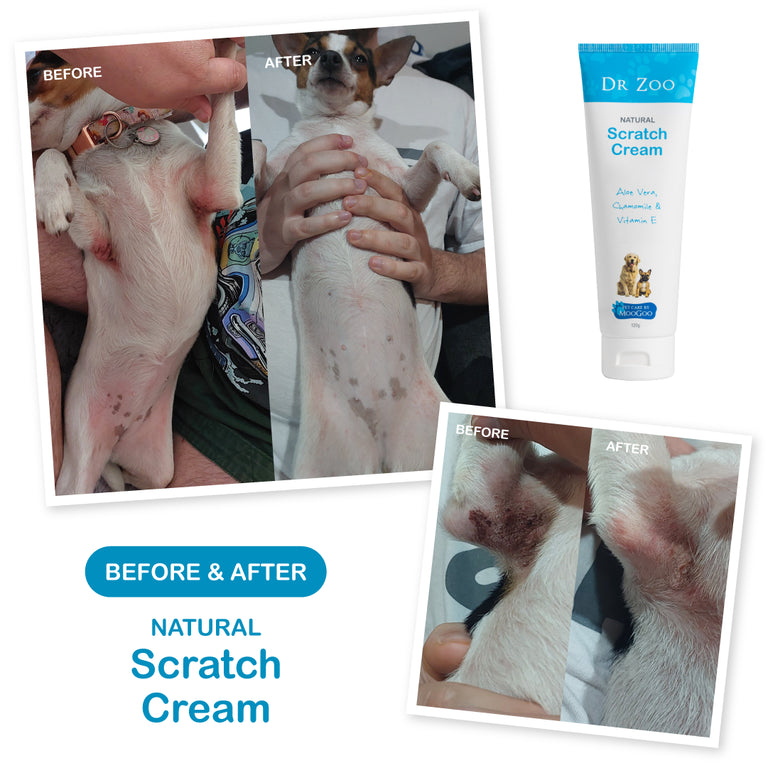 MooGoo Dr Zoo Scratch Cream shown in before and after pet skin photos, natural balm proven to soothe itchy, irritated and scratchy skin