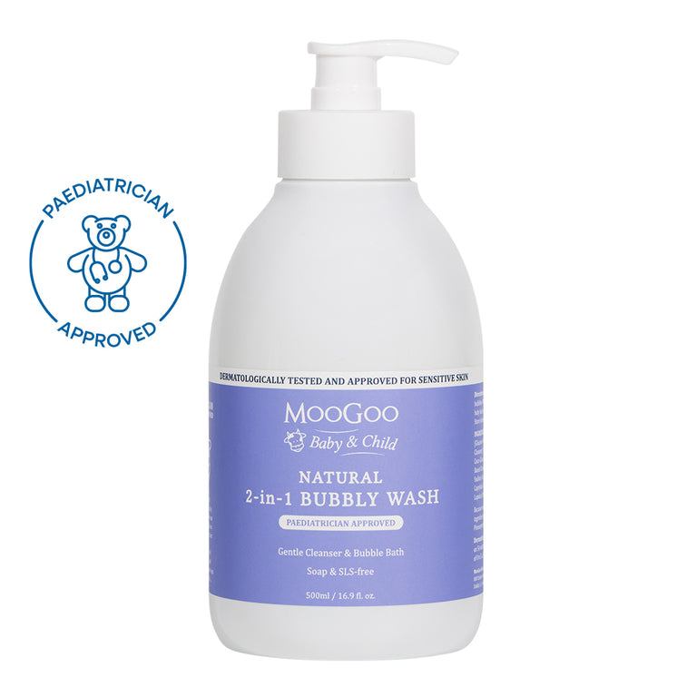 Moogoo natural 2 in 1 bubbly wash in white background, Paediatrician approved gentle cleaner & bubble bath. Soap & SLS free