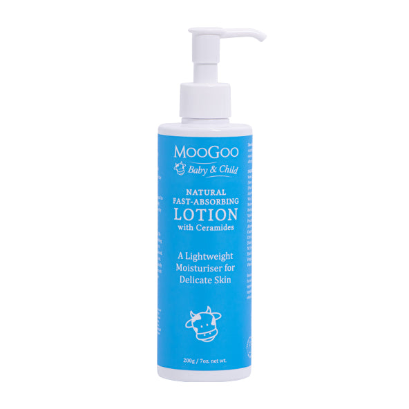 MooGoo baby and child natural fast absorbing lotion with ceramides 200g with a white background. A lightweight Moisturiser for delicate skin.