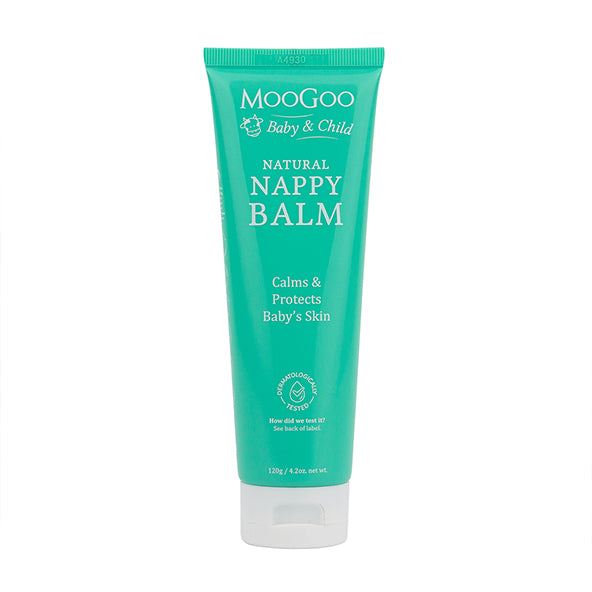 MooGoo Baby & Child Natural Nappy Balm on white background, paediatrician approved, calms and protects baby's skin against nappy rash.