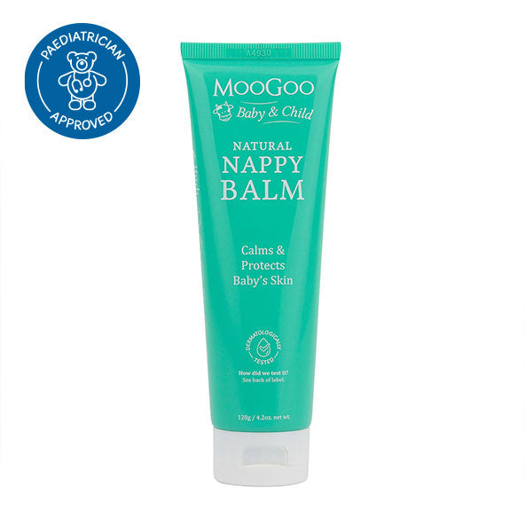 MooGoo Baby & Child Natural Nappy Balm on white background, paediatrician approved, calms and protects baby's skin against nappy rash.