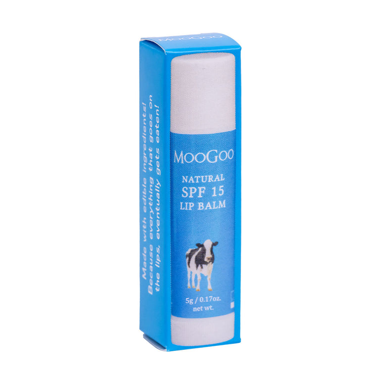 MooGoo Natural SPF 15 Lip Balm displayed upright in packaging, hydrating sun protective lip care with zinc oxide for smooth, moisturised lips.