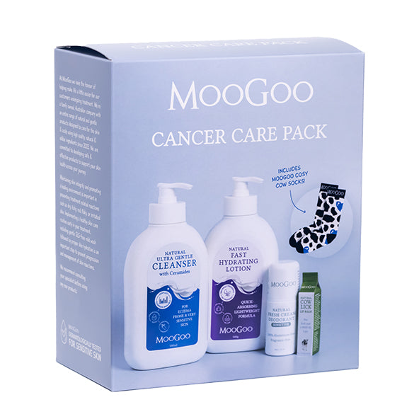 MooGoo Cancer Care Pack gift box, featuring natural gentle cleanser, lightweight fast hydrating lotion, sensitive deodorant, lip balm and cow socks