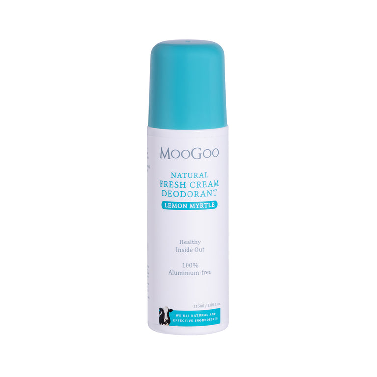MooGoo Lemon Myrtle deodorant   shown on plain white background, natural Aluminium free roll-on formula to control odour without irritation