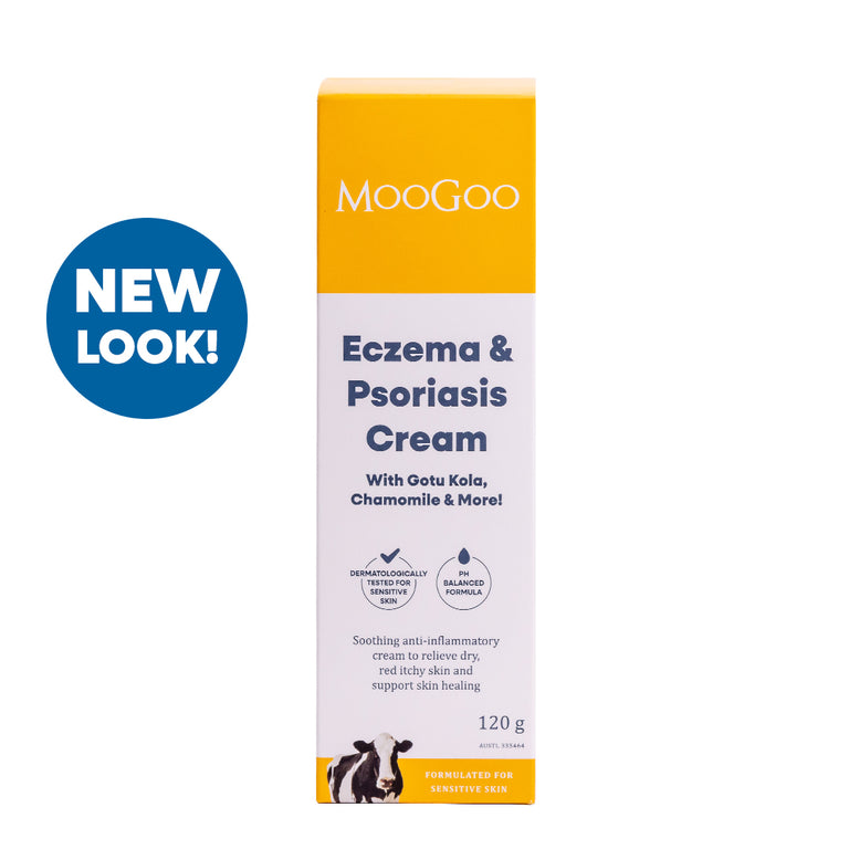 Eczema & Psoriasis Cream on white background, Soothing anti inflammatory with Gotu Kola and Chamomile to relieve dry, red itchy skin and support skin healing.