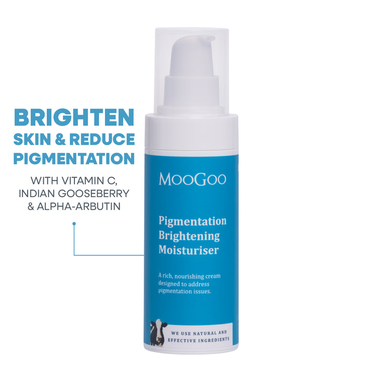 Pigmentation Brightening Moisturiser MooGoo 75g on white background, natural skincare with alpha arbutin, vitamin C and Indian gooseberry for radiant skin