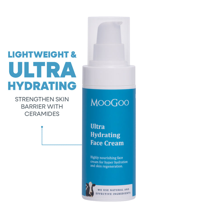 MooGoo Ultra Hydrating Face Cream photographed on white, lightweight daily cream with ceramides to strengthen skin barrier and improve hydration.