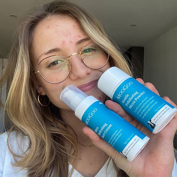MooGoo Ultra Hydrating Face Cream demonstrated by smiling woman, natural hydrating formula with ceramides to strengthen skin barrier and lock in moisture.