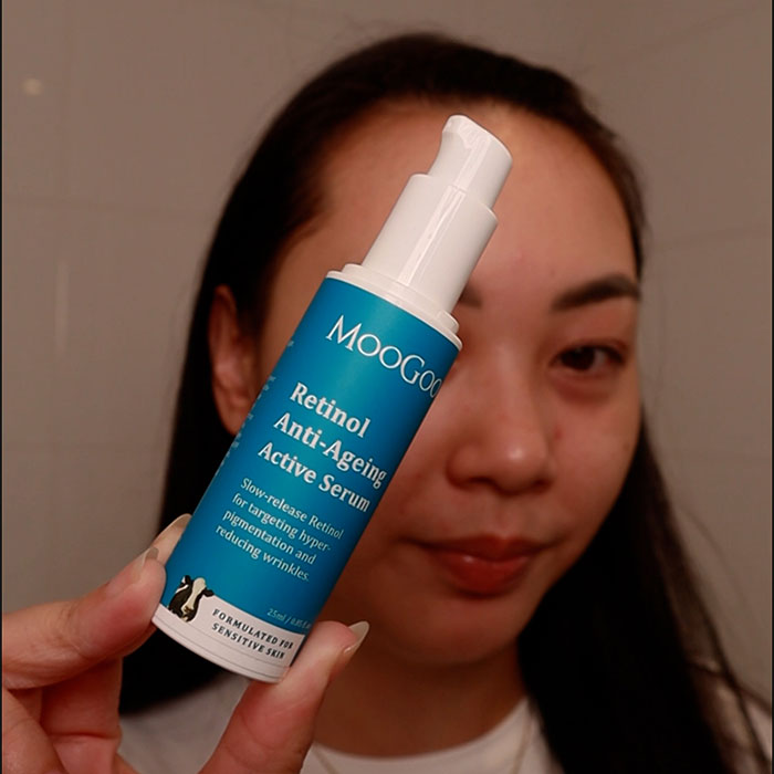 woman holding MooGoo Retinol Anti-Ageing Active Serum, Vitamin A skincare for ageing concerns