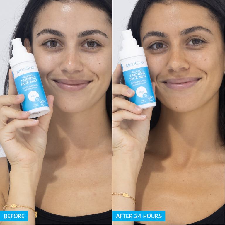 MooGoo Natural Tanning Face Mist for radiant bronzed skin, natural self tan water with skin smoothing ingredients, suitable under makeup
