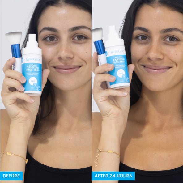 MooGoo Tanning Blending Brush and face mist pictured with before and after skin results, streak-free self tan within 24 hours.
