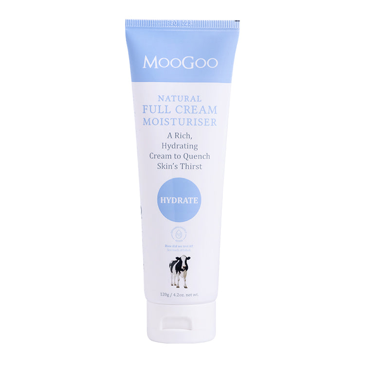 Natural Full Cream Moisturiser by MooGoo shown against plain backdrop, everyday face and body cream to boost elasticity and hydrate sensitive skin