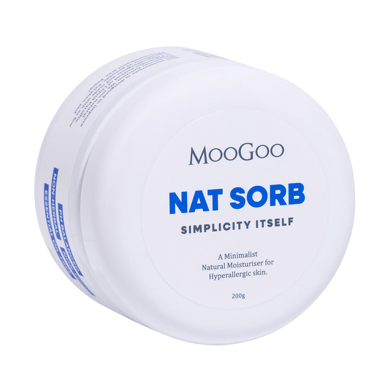 MooGoo Nat Sorb Cream photographed against white, pH balanced natural moisturiser for easily irritated and reactive skin