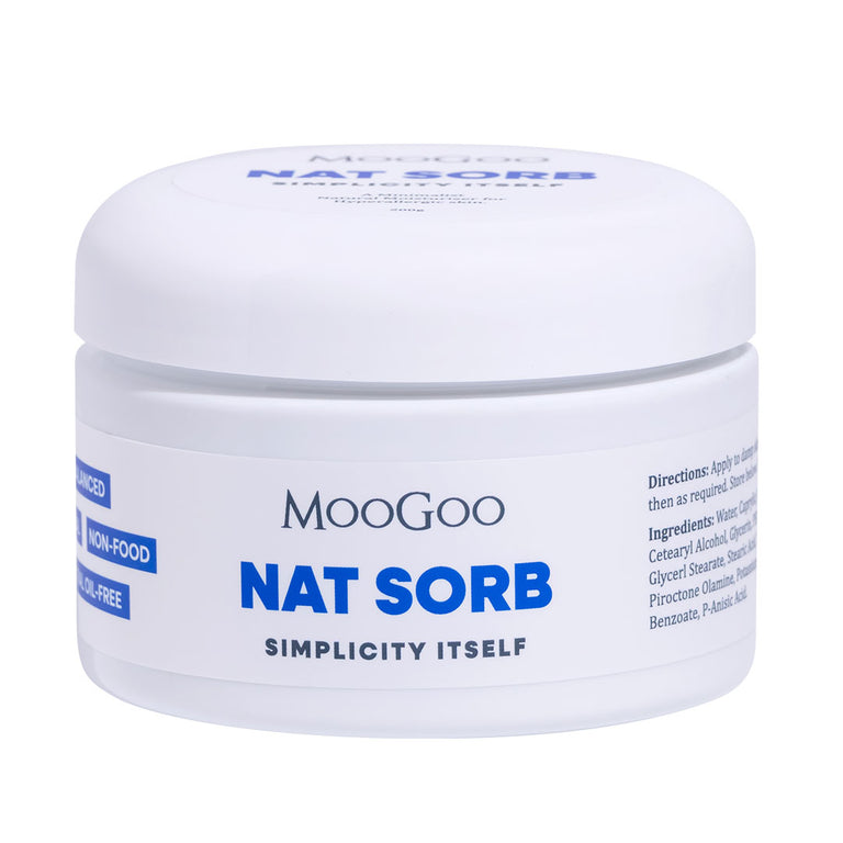 MooGoo Nat Sorb Cream photographed against white, pH balanced natural moisturiser for easily irritated and reactive skin