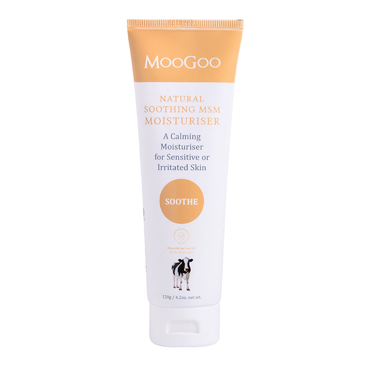 MooGoo Soothing MSM Moisturiser on white background, natural moisturiser with MSM and aloe vera to relieve itchiness, dryness and rosacea sensitivity