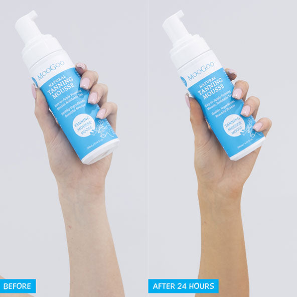MooGoo Natural Tanning Mousse hand comparison before and after, lightweight mousse for buildable bronze glow, fades naturally without stains.