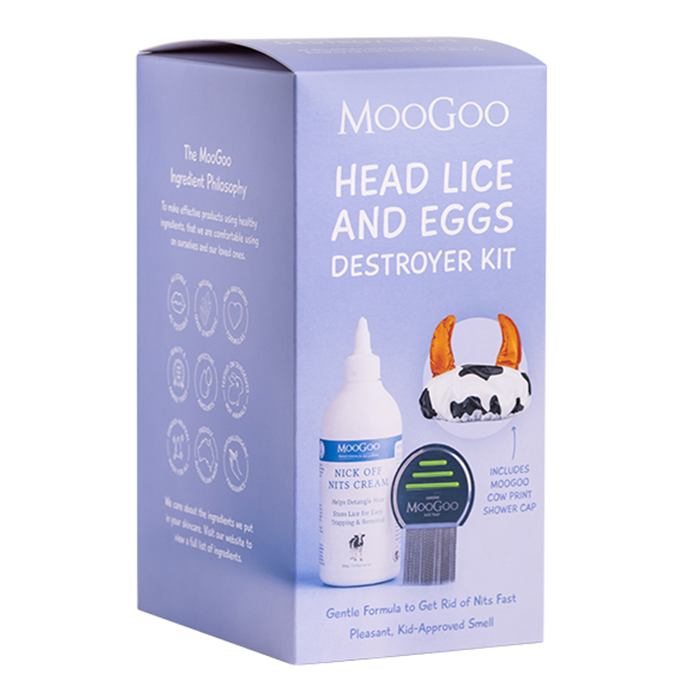 MooGoo Head Lice & Eggs Destroyer Kit with Nick Off Nits Cream, Lice Trap Comb and cow-print shower cap, natural nit treatment for kids