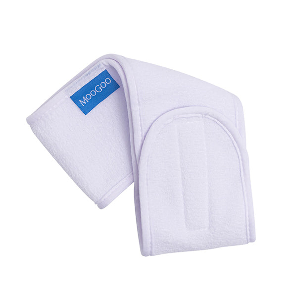 MooGoo skincare headband in white towelling fabric with blue label, comfortable adjustable design for face washing, exfoliating and applying makeup