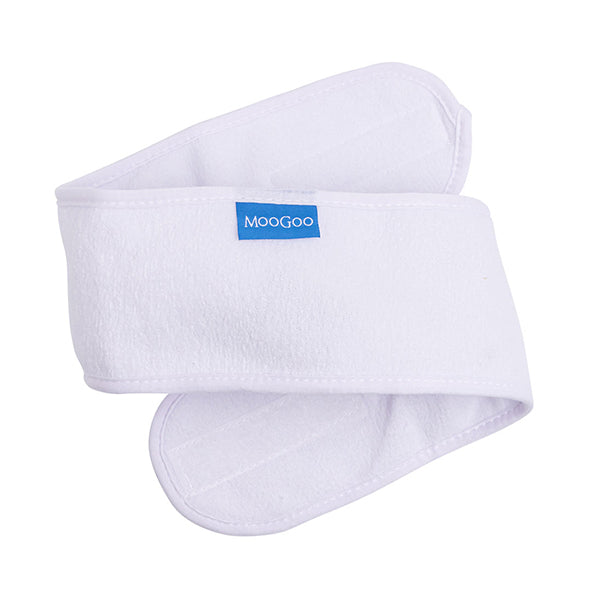 MooGoo skincare headband stretched out flat, soft towelling fabric with velcro closure, easy fit for face washing and makeup prep