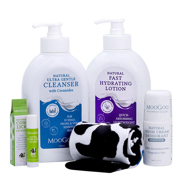 MooGoo Oncology Cancer Care Pack with Ultra Gentle Cleanser, Fast Hydrating Lotion, Sensitive Deodorant, Cow Lick Lip Balm and cosy cow print socks, skincare gift set for chemo and radiation patients