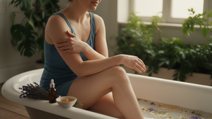Woman Relaxing in Floral Bathroom, Next to Skin Oil Products