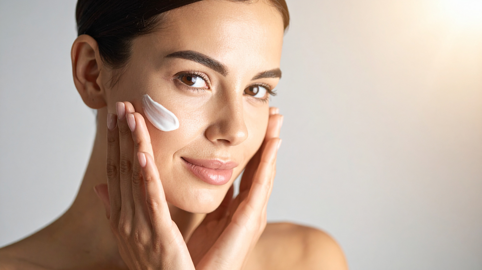 Woman applying retinol skincare cream to face