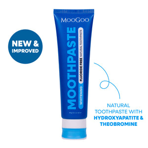 MooGoo Natural Moothpaste on white background, fluoride-free toothpaste with calcium hydroxyapatite and theobromine for cavity prevention