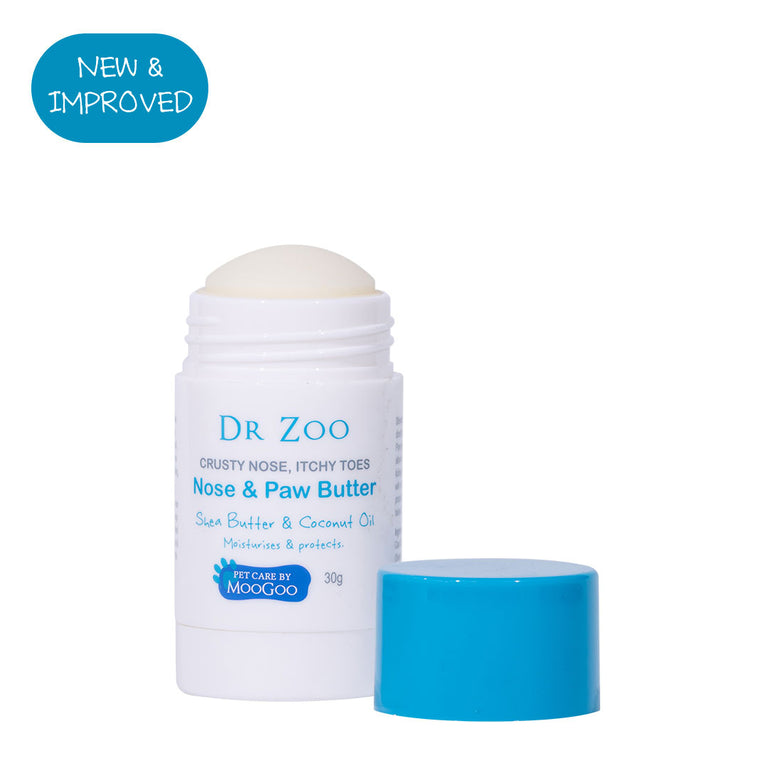Dr Zoo Crusty Nose, Itchy Toes Nose & Paw Butter on a white background with a new and improved bubble. 