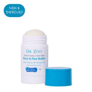 Dr Zoo Crusty Nose, Itchy Toes Nose & Paw Butter on a white background with a new and improved bubble. 