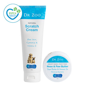 Dr Zoo Scratch Cream plus Nose & Paw Butter set on white background, natural pet skincare pack for cracked paws, dry noses and itchy skin