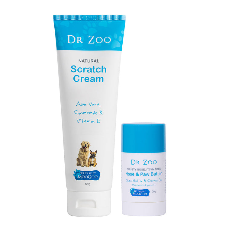 Dr Zoo Scratch cream and Crusty Nose itchy Toes Nose & Paw Butter on a white background. 