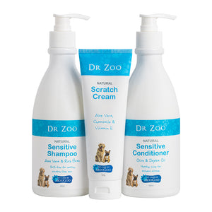 Unpacked Dr Zoo Ditch The Itch Pack displayed in white background, natural pet care bundle with shampoo, conditioner and scratch cream for soft fur and itch free skin