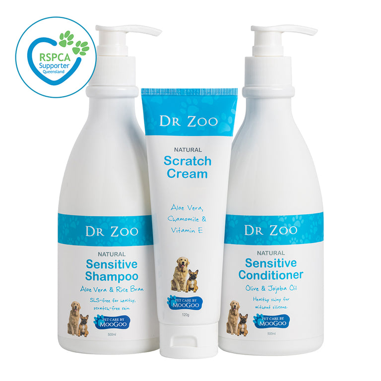 Unpacked Dr Zoo Ditch The Itch Pack displayed in white background, natural pet care bundle with shampoo, conditioner and scratch cream for soft fur and itch free skin