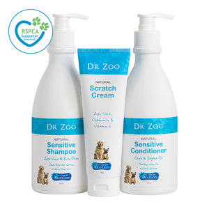 Unpacked Dr Zoo Ditch The Itch Pack displayed in white background, natural pet care bundle with shampoo, conditioner and scratch cream for soft fur and itch free skin