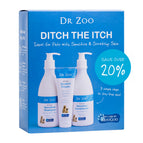 Dr. Zoo 'Ditch the Itch' pet grooming kit box in blue, featuring bottles of shampoo, scratch cream, and conditioner, natural pet care bundle with shampoo, conditioner and scratch cream for pets with sensitive itchy skin