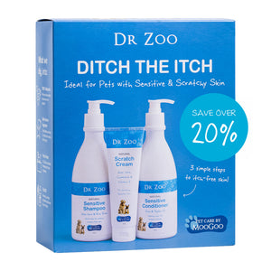 Dr. Zoo 'Ditch the Itch' pet grooming kit box in blue, featuring bottles of shampoo, scratch cream, and conditioner, natural pet care bundle with shampoo, conditioner and scratch cream for pets with sensitive itchy skin