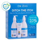 Dr Zoo Ditch The Itch Pack displayed upright, natural pet care bundle with shampoo, conditioner and scratch cream for pets with sensitive itchy skin