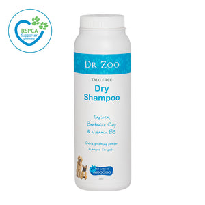MooGoo Dr Zoo Dry Shampoo for pets on white background, talc-free powder with tapioca and bentonite clay to absorb oils, dirt and odours between washes