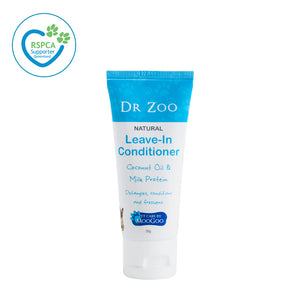 Dr Zoo Leave in conditioner on white background, Coconut Oil and Milk Protein, detangles, conditions and freshens.