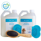 Dr Zoo Mega Bath Time Value Bundle displayed with clean white backdrop, 2.5L natural pet shampoo and conditioner plus brush and treat mat