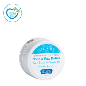 Dr Zoo Nose and Paw Butter on white background, shea butter and hemp seed oil balm for soothing cracked pads and moisturising dry pet noses