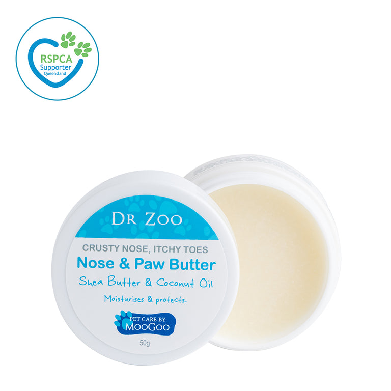 Dr Zoo Nose and Paw Butter on white background, shea butter and hemp seed oil balm for soothing cracked pads and moisturising dry pet noses