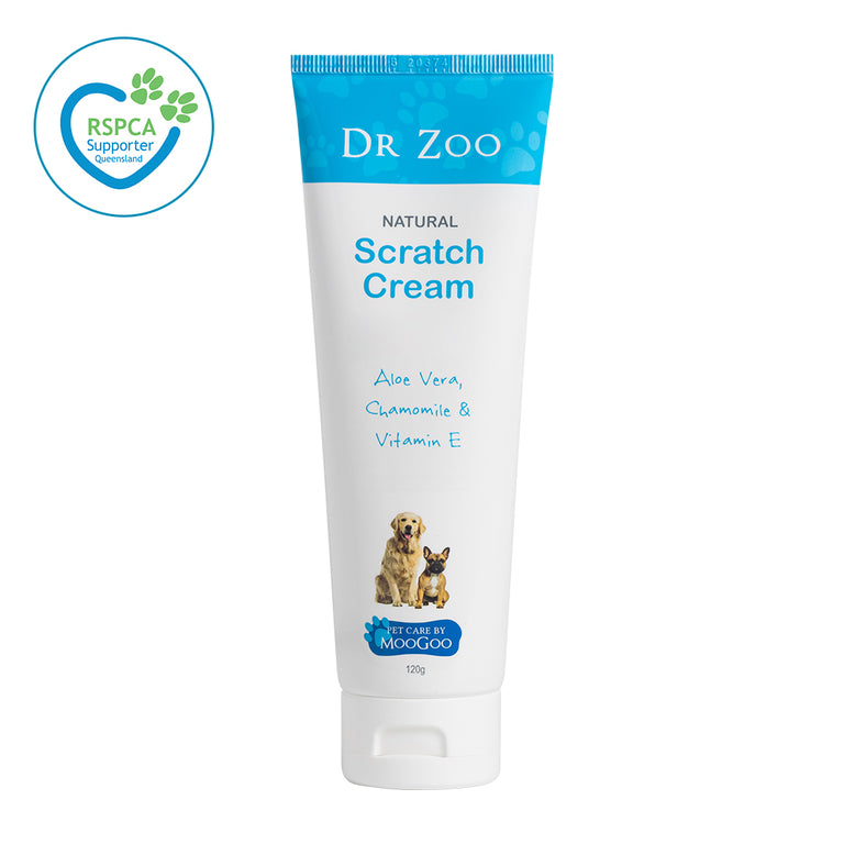 MooGoo Dr Zoo Scratch Cream on white background, natural pet moisturiser with aloe vera and chamomile to calm itchy, scratchy and dry skin