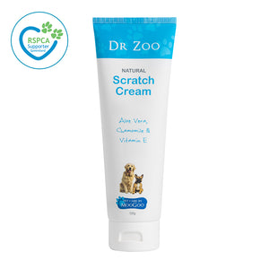 MooGoo Dr Zoo Scratch Cream on white background, natural pet moisturiser with aloe vera and chamomile to calm itchy, scratchy and dry skin