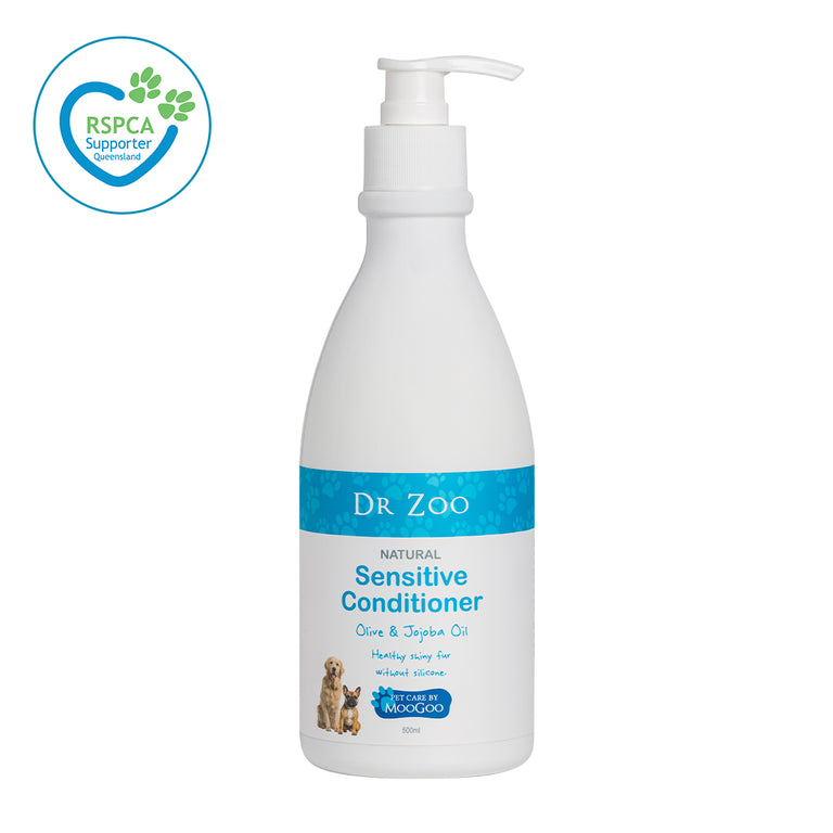 Dr Zoo Natural Sensitive Conditioner 500ml with olive and jojoba oil, new look pet care formula for healthy shiny fur, silicone free