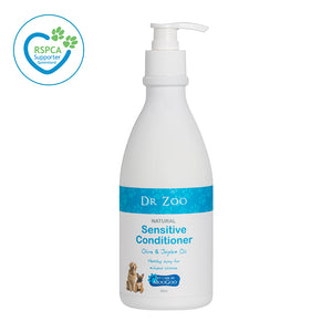 Dr Zoo Natural Sensitive Conditioner 500ml with olive and jojoba oil, new look pet care formula for healthy shiny fur, silicone free