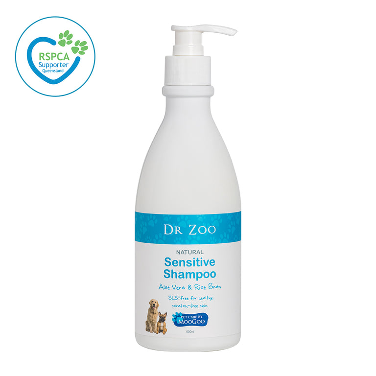 Dr Zoo Sensitive pet shampoo with natural ingredients, aloe vera and rice bran formula, RSPCA supported product