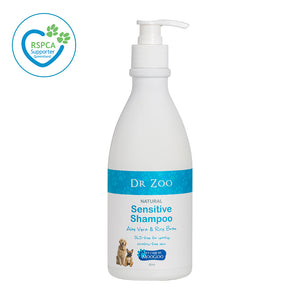 Dr Zoo Sensitive pet shampoo with natural ingredients, aloe vera and rice bran formula, RSPCA supported product